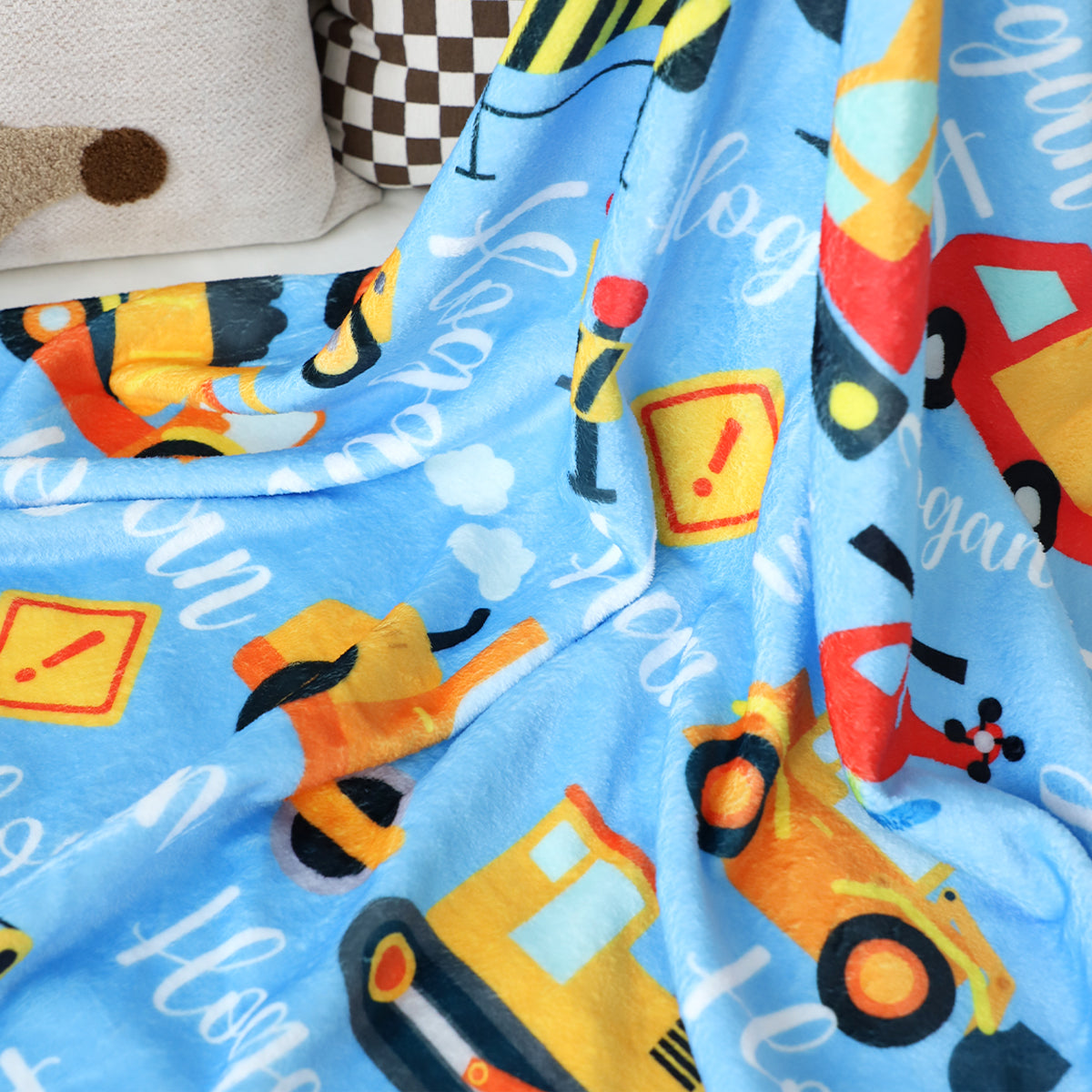 Personalized Construction Trucks Blanket - Customize Your Name