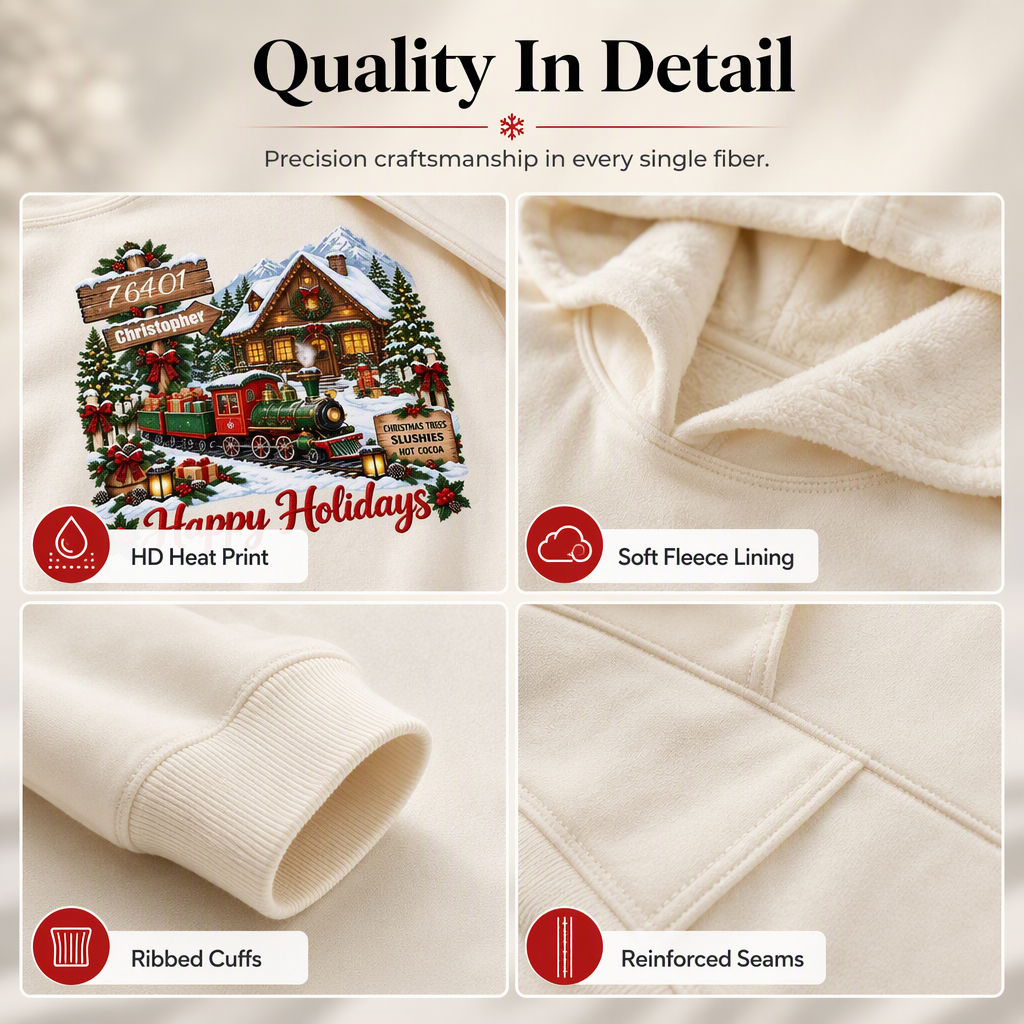 Personalized hoodies, snow town Christmas trains, unique gifts for family and friends