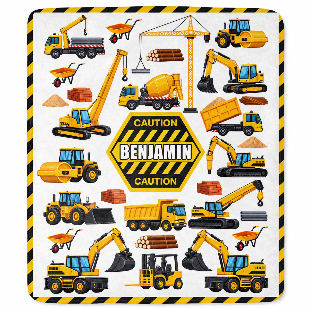 Caution Construction Vehicles With Excavator Crane And Dump Truck - Personalized Custom Blanket - HOB650_BLK