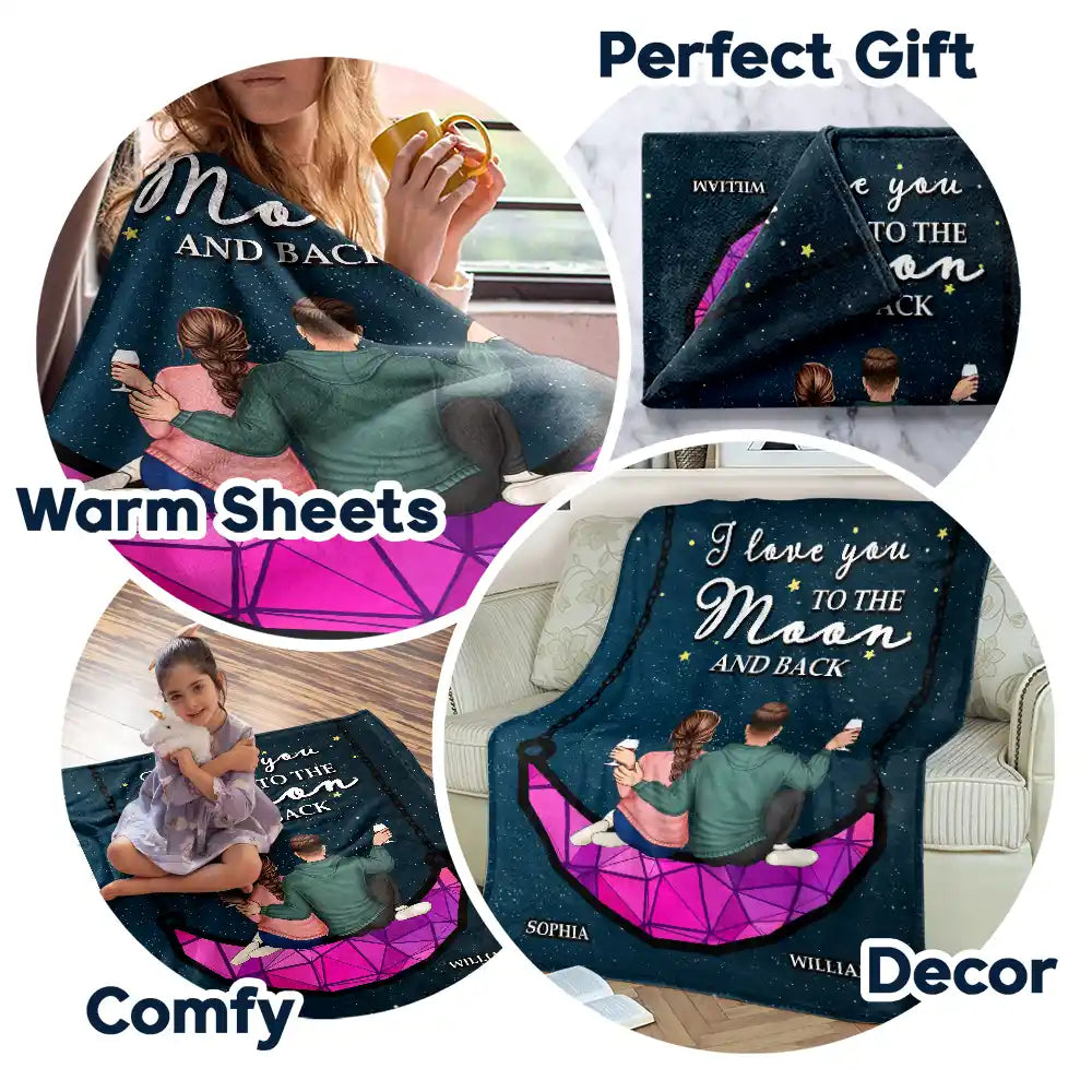 "I Love You To The Moon & Back" Cozy Personalized Couple Throw Blanket, Romantic Custom Gift For Lovers