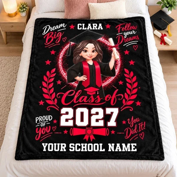 Graduation Personalized Fleece Blanket With Cap & Gown, Dream Big Quote, Sentimental Gift for Daughter & Granddaughter