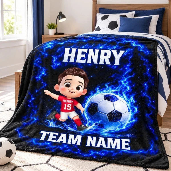Personalized Fleece Blanket, Electric Blue Cartoon Child Kicking a Soccer Ball, Unique Gift for Young Players