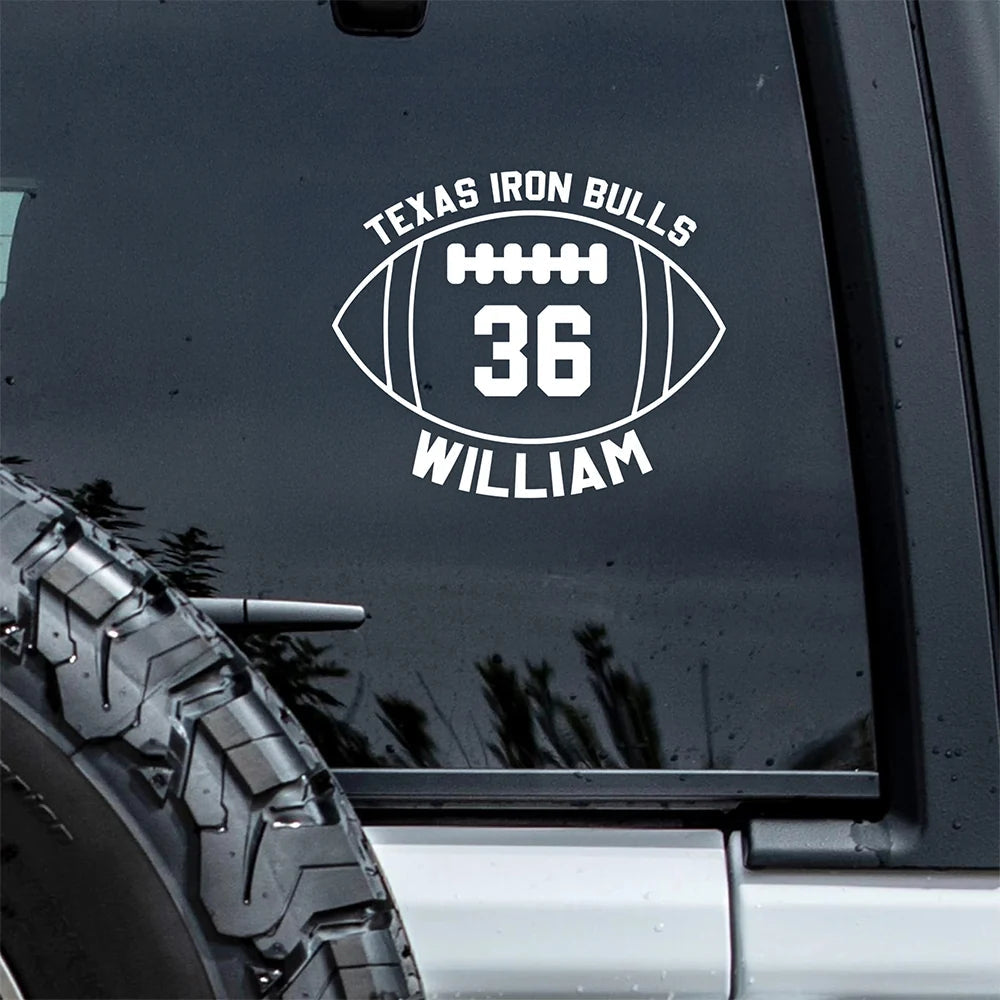 Every Mile, Every Game, All Team Pride – Personalized Football Car Decal, Custom Team Name & Jersey Number Sticker