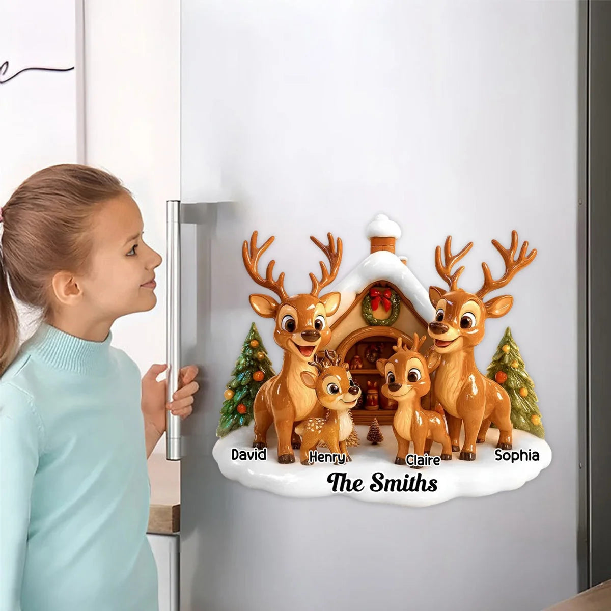 Personalized Reindeer Family Sticker Decal, Gathered at a Snowy Cottage, Unique Christmas Gift for Grandparents