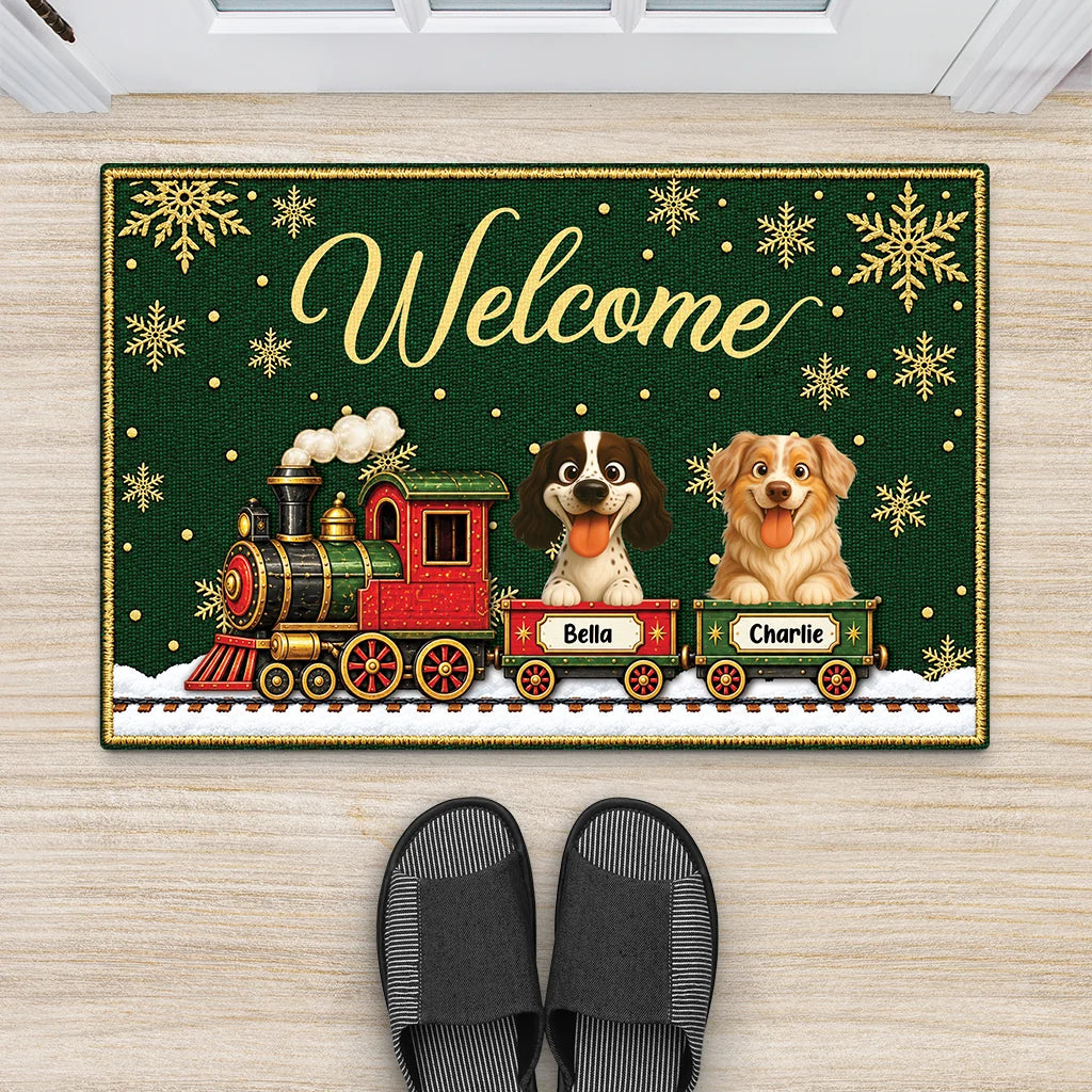 All Aboard the Christmas Paw Express – Personalized Dog Christmas Doormat, Custom Pet Family Welcome Mat