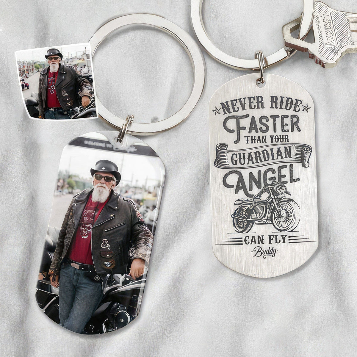 Never Ride Faster Than Your Guardian Angel - Personalized Biker Photo Metal Keychain