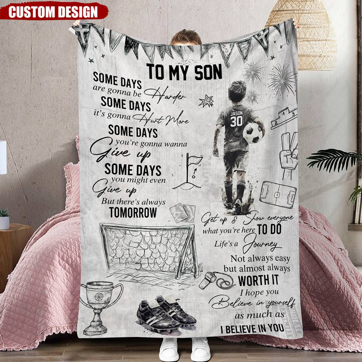 Personalized Soccer Blanket for Boys - Custom Name and Number Gift for Son or Grandson