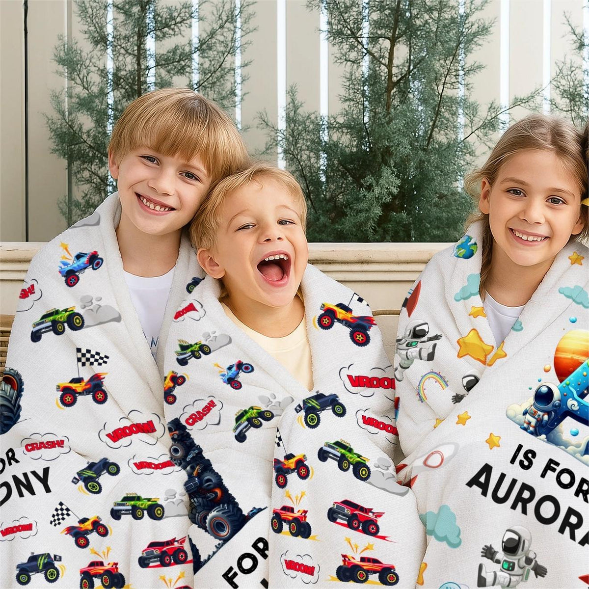 Personalized Monster Truck Astronaut Letter Blanket, Custom Soft Throw Blanket for Kids