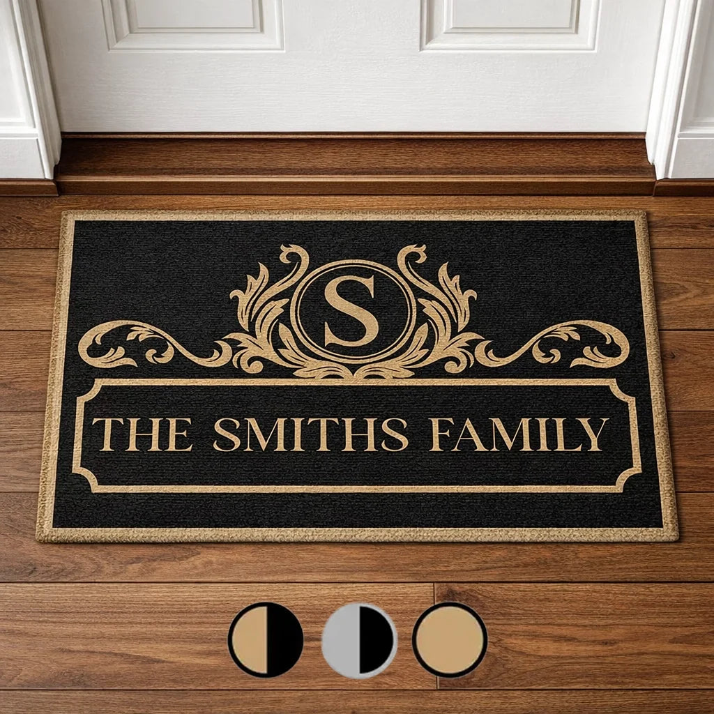 Personalized Monogram Family Standard Doormat, Elegant Black & Gold Entryway Welcome, Unique Housewarming Gift