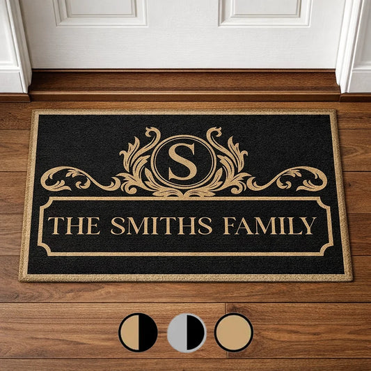 Personalized Monogram Family Standard Doormat, Elegant Black & Gold Entryway Welcome, Unique Housewarming Gift