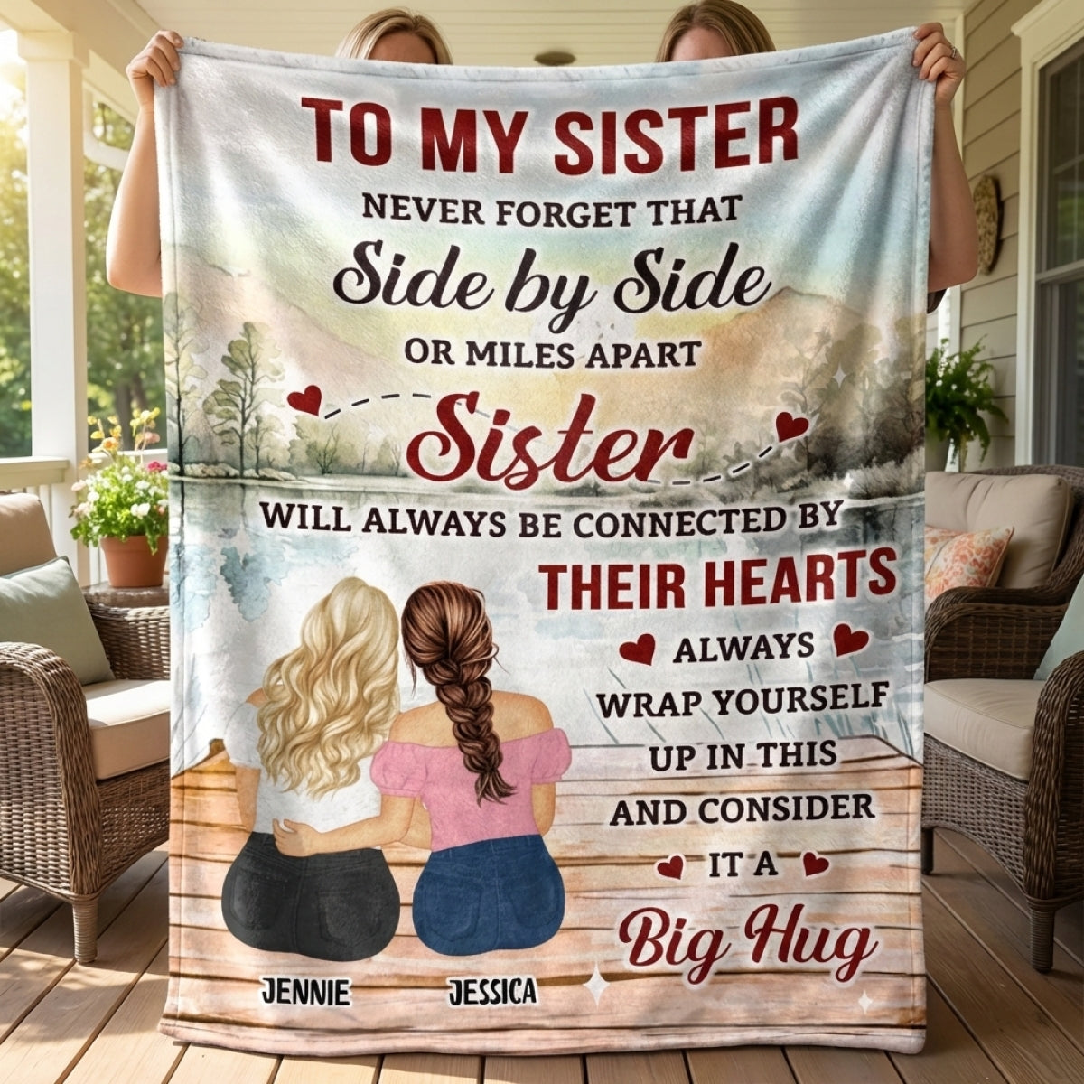 Side by Side in Heart, No Matter How Far Apart – Personalized Sisters Blanket, Custom Names & Characters Hug Gift