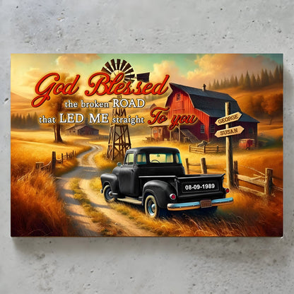 Personalized Couple Wall Art "God Blessed The Broken Road" - Custom Names Canvas Poster