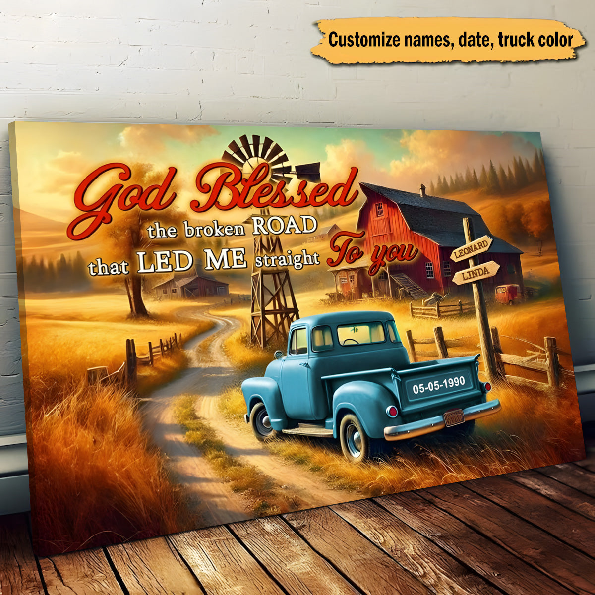 Personalized Couple Wall Art "God Blessed The Broken Road" - Custom Names Canvas Poster