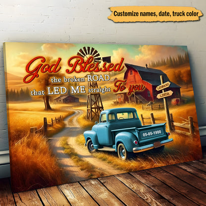 Personalized Couple Wall Art "God Blessed The Broken Road" - Custom Names Canvas Poster