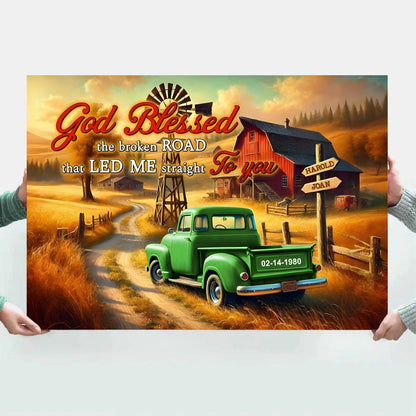 Personalized Couple Wall Art "God Blessed The Broken Road" - Custom Names Canvas Poster