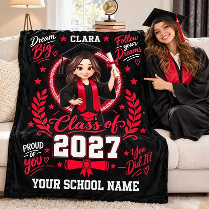 Graduation Personalized Fleece Blanket With Cap & Gown, Dream Big Quote, Sentimental Gift for Daughter & Granddaughter