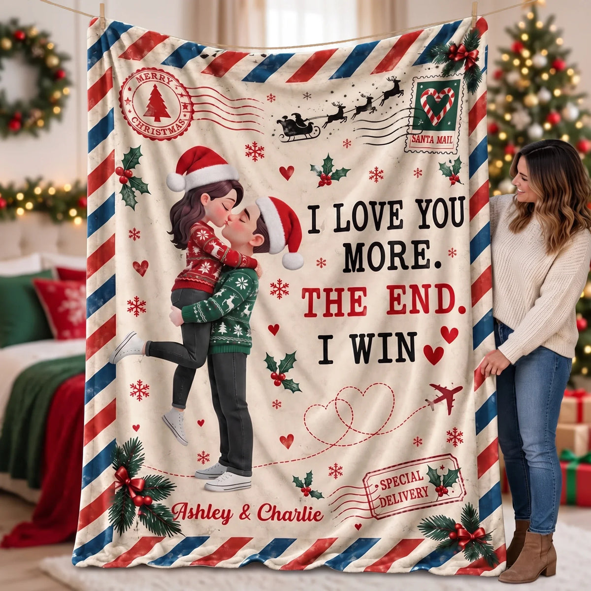 Personalized Fleece Blanket, Kissing Couple in a Vintage Christmas Scene, Unique Gift for Your Partner