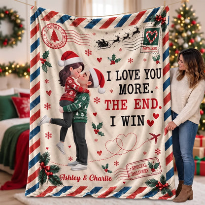 Personalized Fleece Blanket, Kissing Couple in a Vintage Christmas Scene, Unique Gift for Your Partner