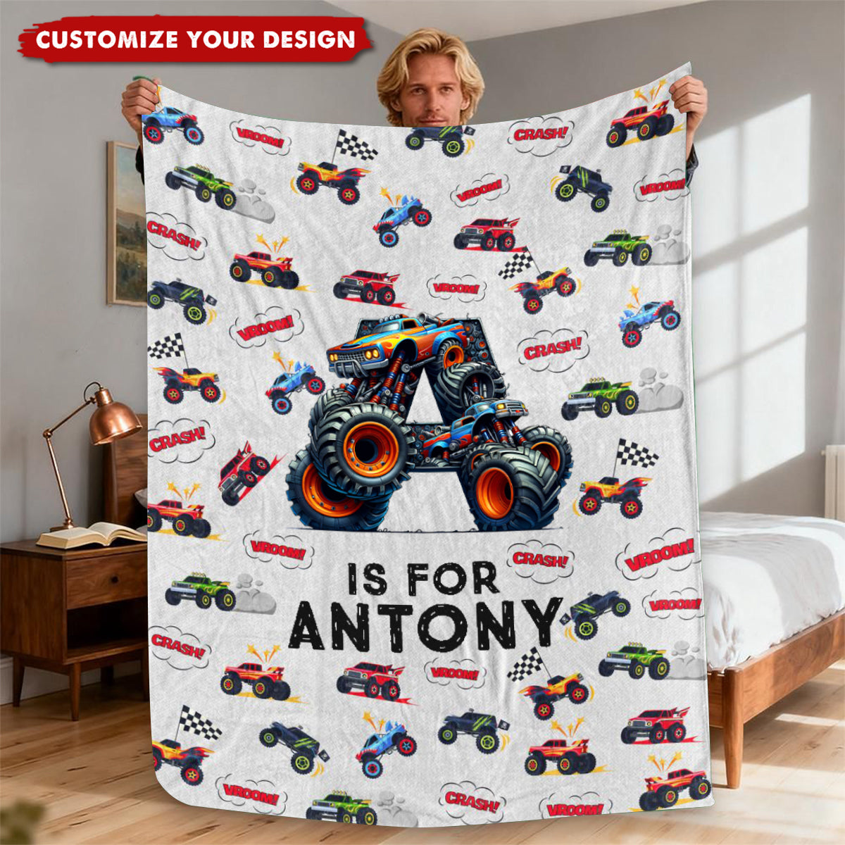 Personalized Monster Truck Astronaut Letter Blanket, Custom Soft Throw Blanket for Kids