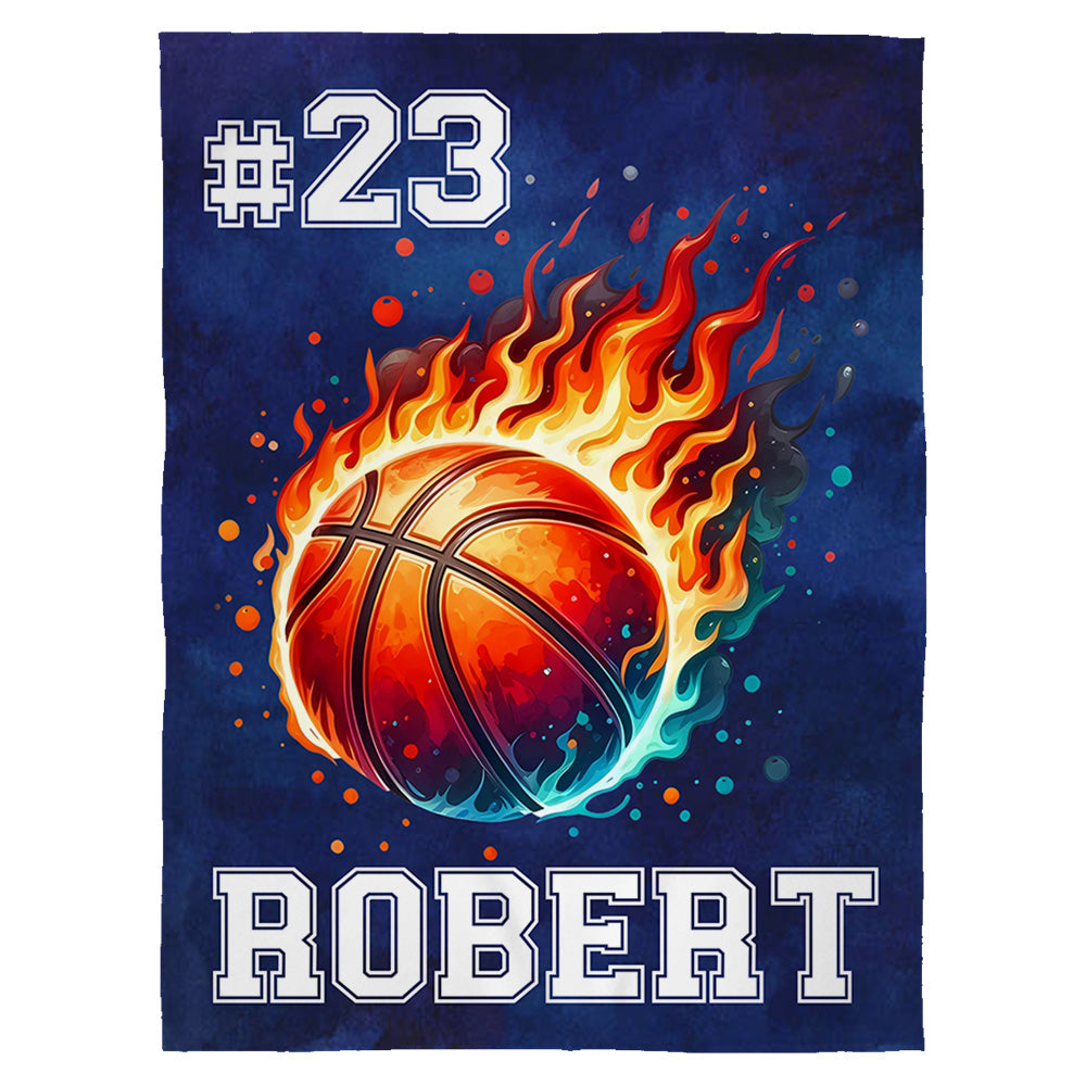 Personalized Flaming Basketball Throw Blanket, Custom Name & Number Blanket Gift for Basketball Fans