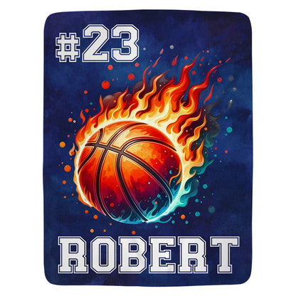 Personalized Flaming Basketball Throw Blanket, Custom Name & Number Blanket Gift for Basketball Fans