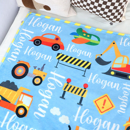 Personalized Construction Trucks Blanket - Customize Your Name