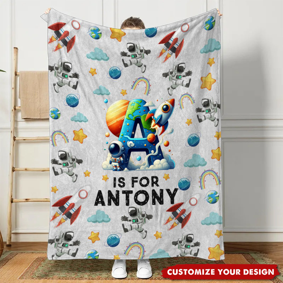 Personalized Monster Truck Astronaut Letter Blanket, Custom Soft Throw Blanket for Kids