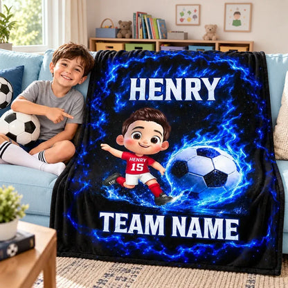 Personalized Fleece Blanket, Electric Blue Cartoon Child Kicking a Soccer Ball, Unique Gift for Young Players