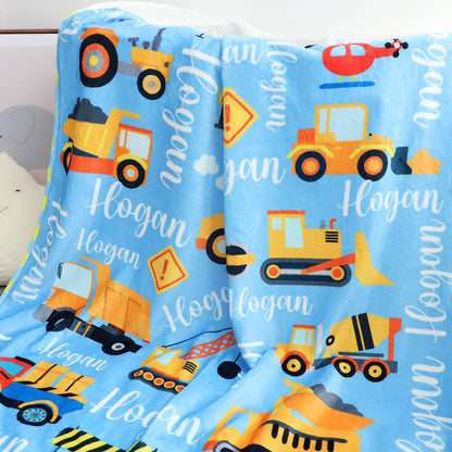 Personalized Construction Trucks Blanket - Customize Your Name
