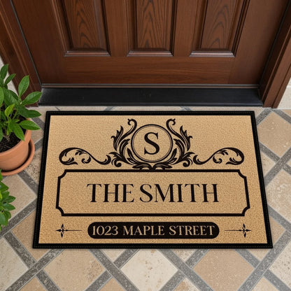 Personalized Standard Doormat with Vintage Family Monogram and Address Look for a Unique Housewarming Gift
