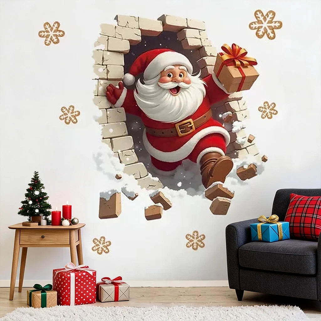 Christmas Sticker Decal, Cheerful Santa Carrying a Gift, Personalized Playful Decor and Creative Gift for Grandsons