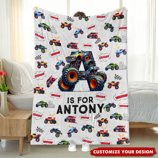 Personalized Monster Truck Astronaut Letter Blanket, Custom Soft Throw Blanket for Kids