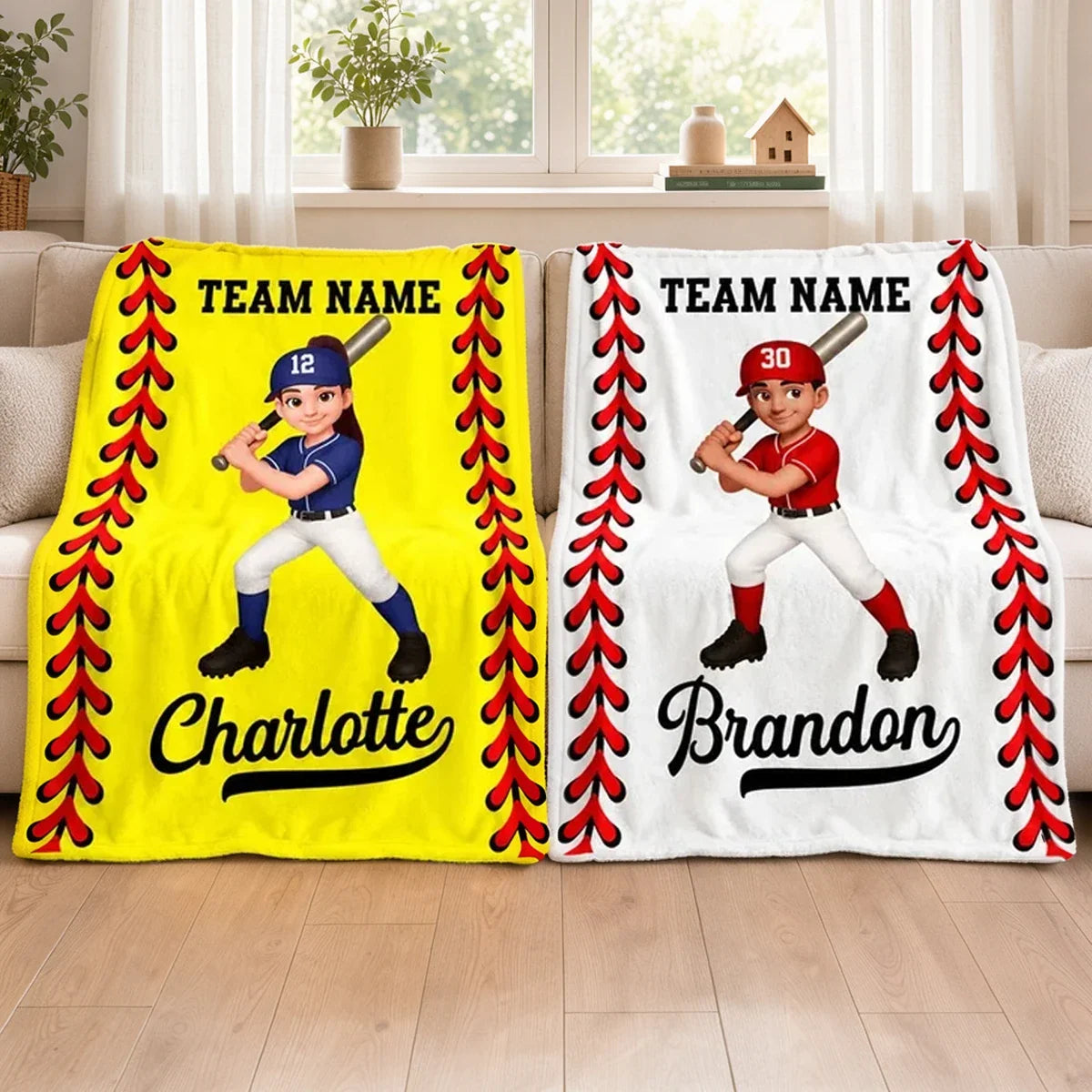 Personalized Fleece Blanket, Cartoon Baseball and Softball Player Holding a Bat, Unique Gift for Son or Daughter