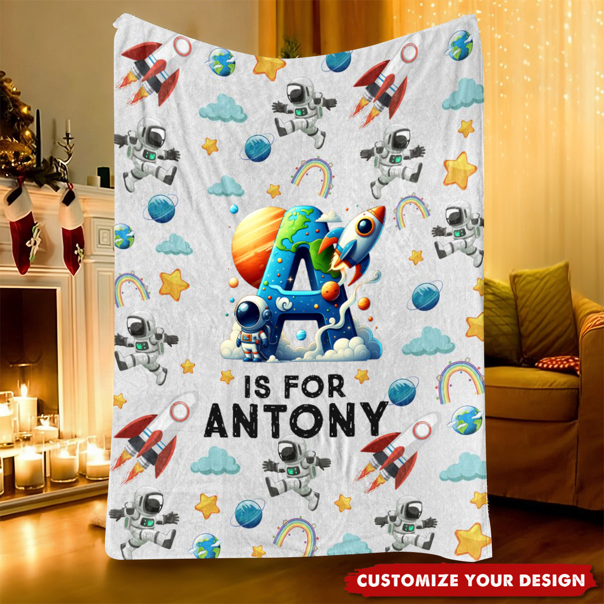 Personalized Monster Truck Astronaut Letter Blanket, Custom Soft Throw Blanket for Kids