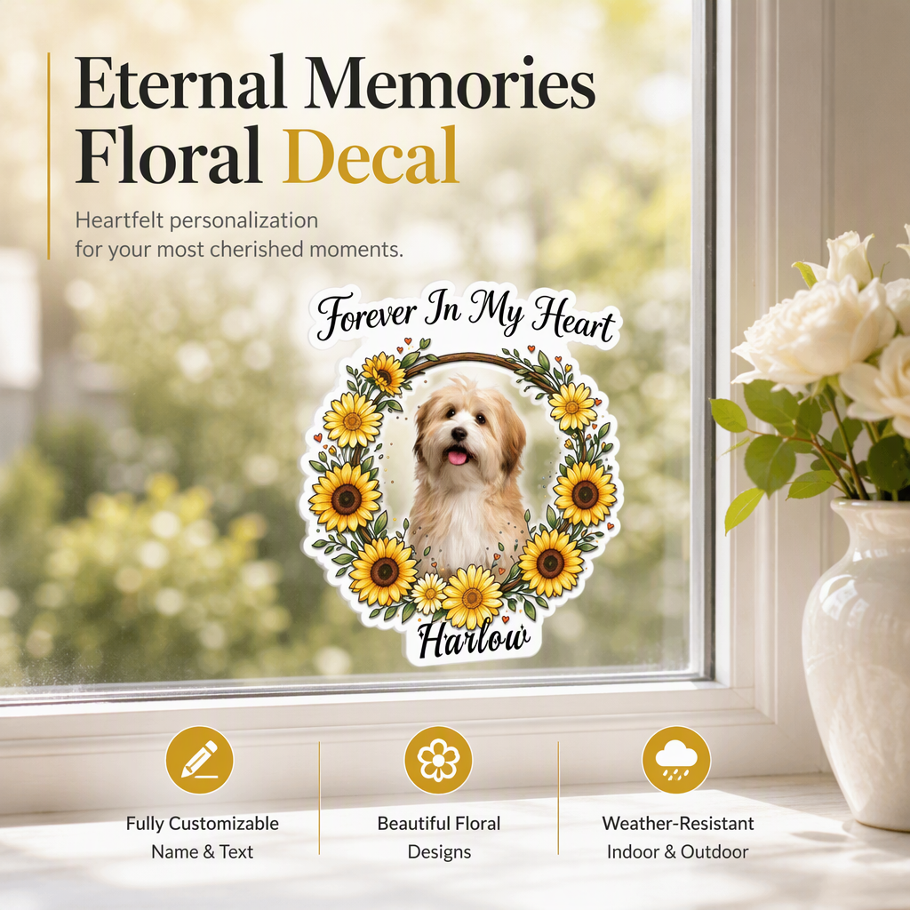 Custom Pet Memorial Sticker, Forever In My Heart Sunflower Wreath Personalized Pet Photo Decal, Custom Pet Name Vinyl Sticker for Car Window Laptop Fridge, Pet Loss Remembrance Gift for Dog Cat Owner