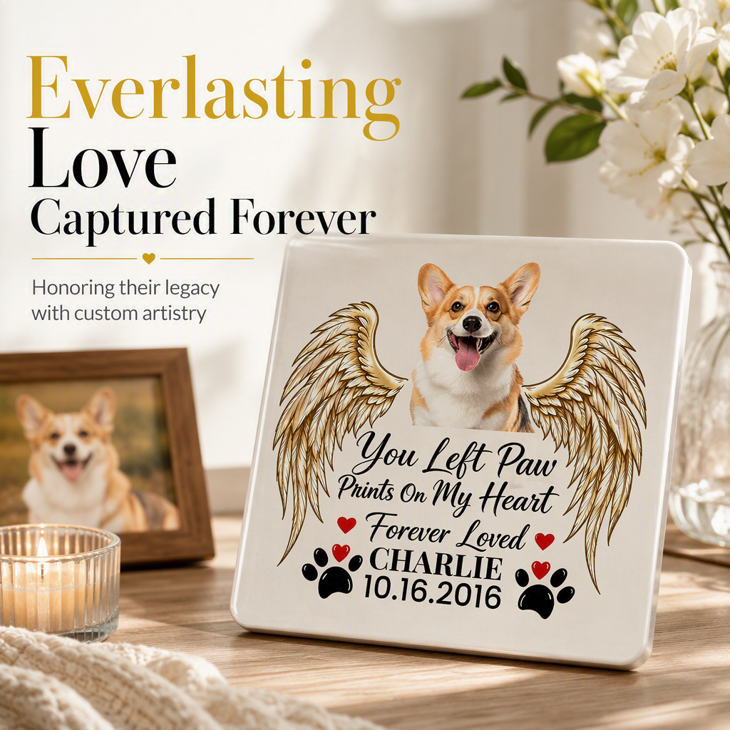 Personalized Pet Memorial Sticker, Custom Photo Angel Wing Decal, You Left Paw Prints On My Heart Forever Loved, Custom Name & Date Pet Loss Sympathy Gift for Dog Cat Owner, Waterproof Car Window Decal