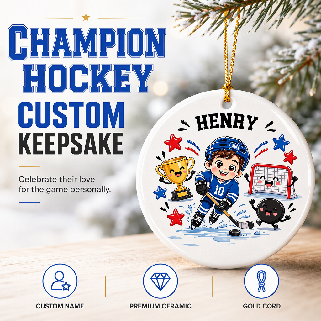 Custom Ice Hockey Christmas Ornament | Personalized Name & Jersey Number | Ceramic Hockey Player Keepsake Gift for Hockey Fans