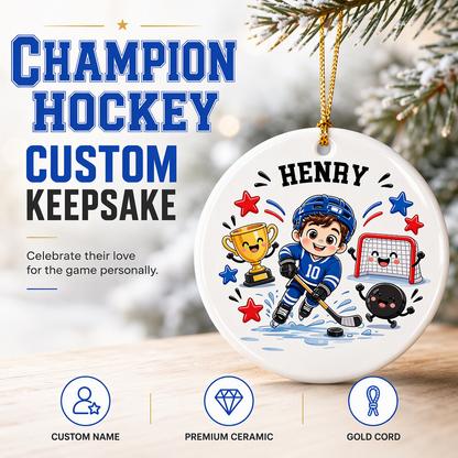 Custom Ice Hockey Christmas Ornament | Personalized Name & Jersey Number | Ceramic Hockey Player Keepsake Gift for Hockey Fans