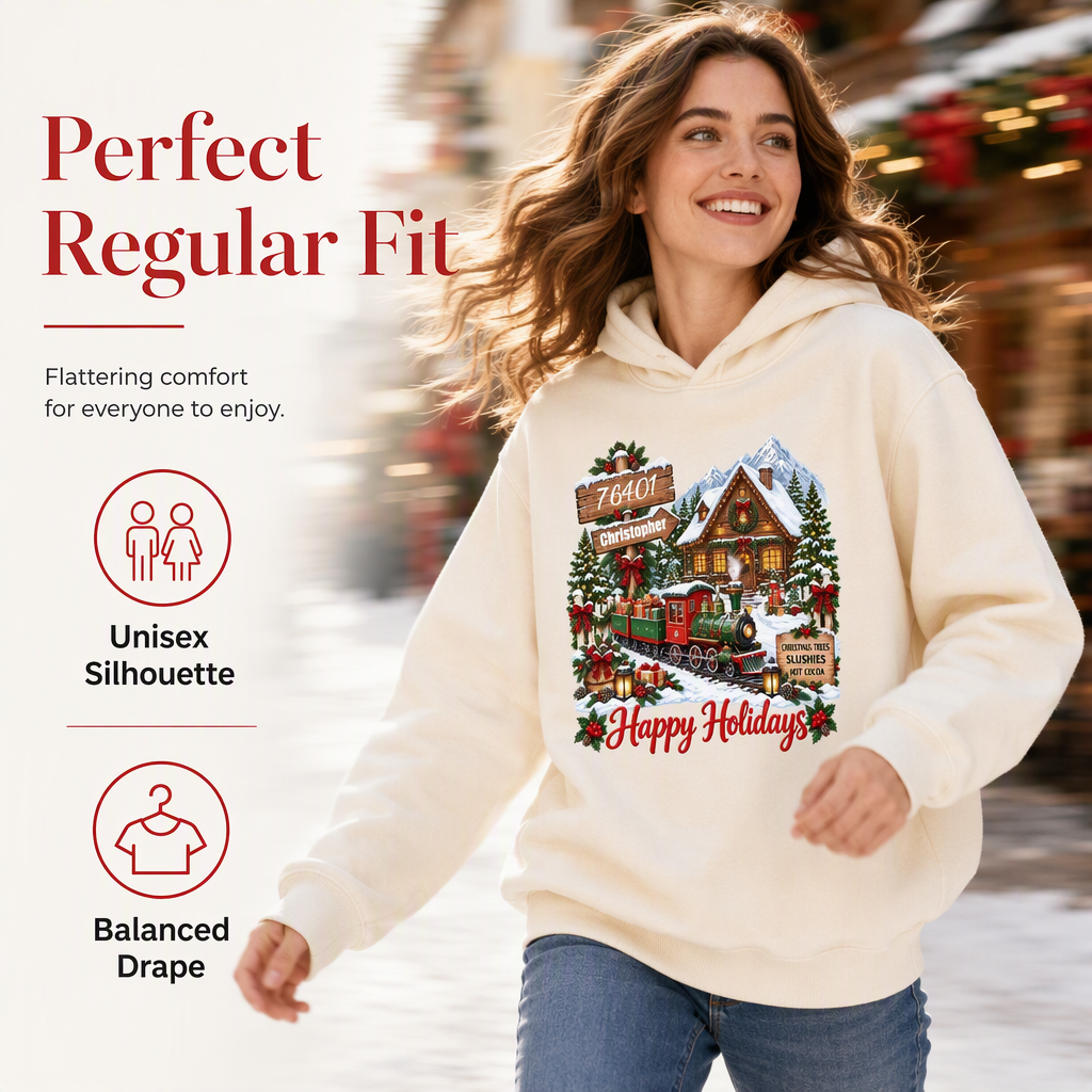 Personalized hoodies, snow town Christmas trains, unique gifts for family and friends