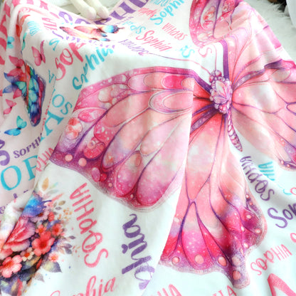 Personalized Colorful Butterfly-Themed Blanket with Name - Perfect Gift for Kids