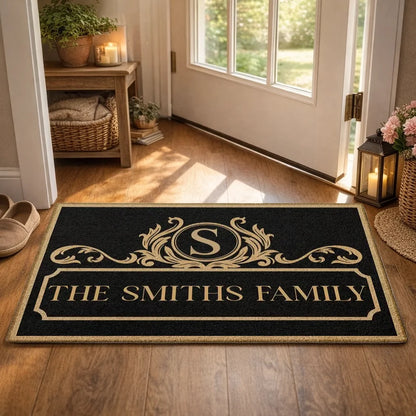 Personalized Monogram Family Standard Doormat, Elegant Black & Gold Entryway Welcome, Unique Housewarming Gift