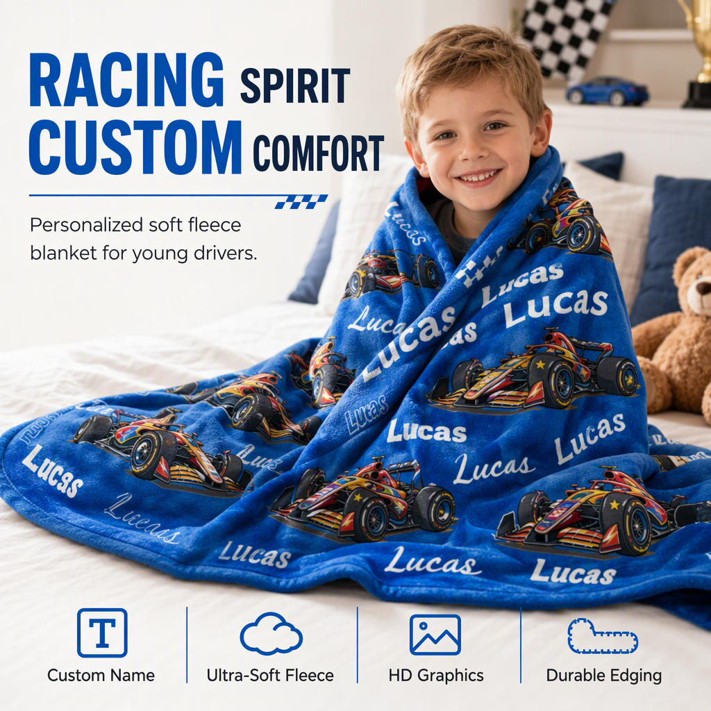 Customized racing blanket with child's name - a thoughtful custom gift to keep children warm at night