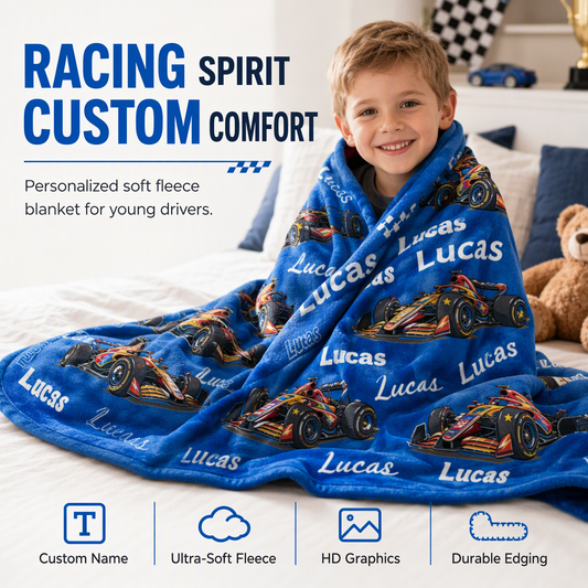 Customized racing blanket with child's name - a thoughtful custom gift to keep children warm at night