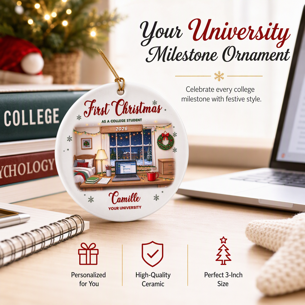 Personalized Ceramic Ornament, Colorful College Study Desk, Unique Christmas Gift for College Student