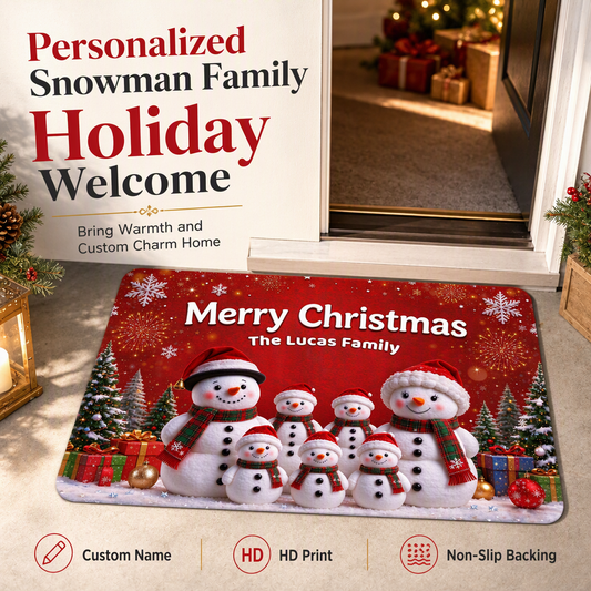 Custom Standard Doormat with Cute Snowman Family, Festive Entryway Decor for Grandparents' Home, Heartwarming Personalized Gift Idea for Indoor or Outdoor Use