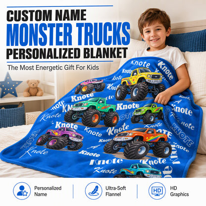 Custom Monster Truck Blanket Engraved With Child’s Name - Lovely Gift to Keep Your Child Snug