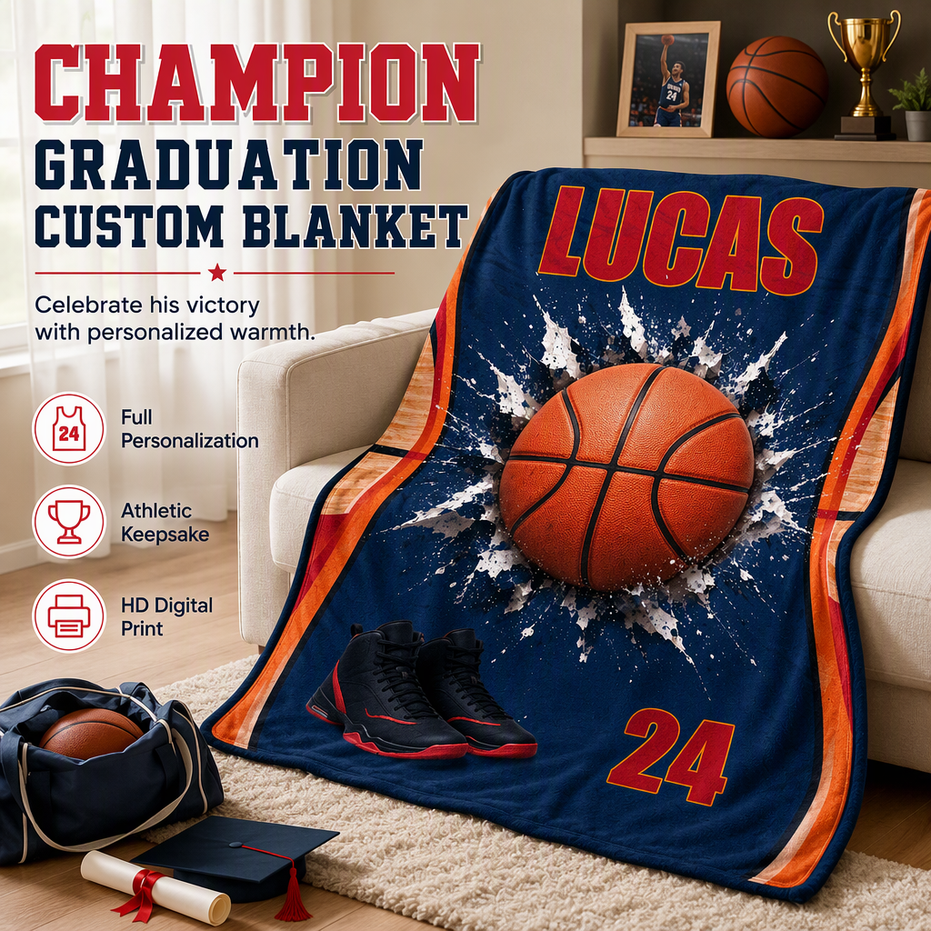 Gift for my son's graduation night as a basketball player - personalized basketball blanket and team souvenir