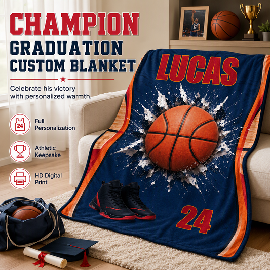 Gift for my son's graduation night as a basketball player - personalized basketball blanket and team souvenir