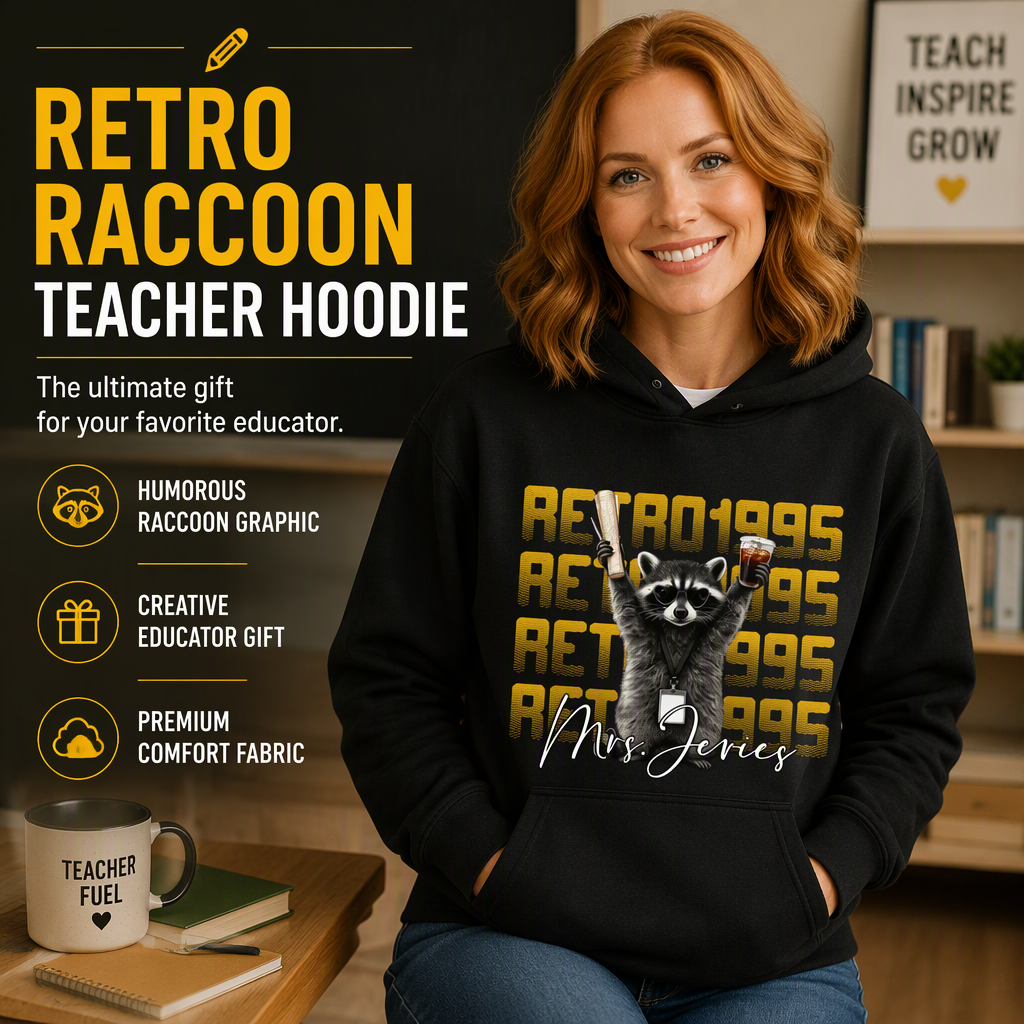 Classic hoodie, vintage raccoon holding test paper and iced coffee, teacher creative gift