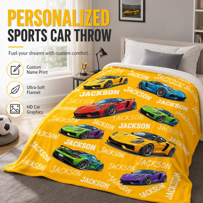 Customized sports car blanket with the child's name - a thoughtful customized gift to keep children warm at night
